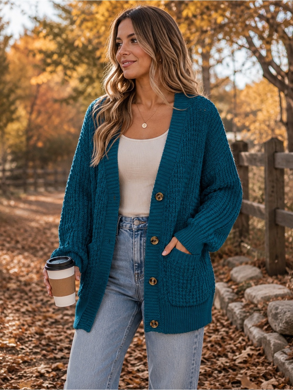 Zenana Teal Chunky Knit Button Front Cardigan Sweater XL Pockets Cozy Boho